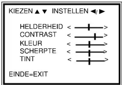 KIEZEN ▲ ▼ INSTELLEN ◀▶ HELDERHEID <——> CONTRAST <——> KLEUR <——> SCHERPTE <——> TINT <——> EINDE=EXIT