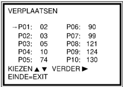 VERPLAATSEN →P01: 02 P06: 90 P02: 03 P07: 99 P03: 05 P08: 121 P04: 10 P09: 124 P05: 74 P10: 130 KIEZEN ▲ ▼ VERDER ▶ EINDE=EXIT