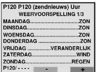 P120 P120 (zendnleuws) Uur WEERVOORSPELLING 1/3 MAANDAG....ZON DINSDAG....ZON WOENSDAG....ZON DONDERDAG....ZON VRIJDAG....VERANDERLIJK ZATERDAG....WIND ZONDAG....REGEN P120/---- - +