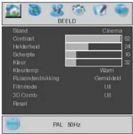 BEELD Stand Cinema Contrast 62 Helderheid 24 Scherpte 10 Kleur 32 Kleurtemp Warm Ruisonderdrukking Gemiddeld Filmmode Uit 3D Comb Uit Reset PAL 50Hz