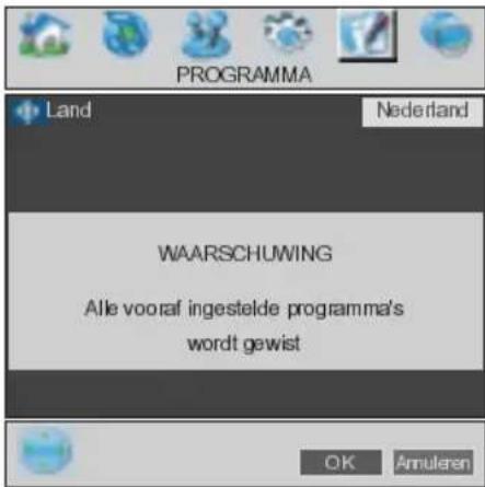 PROGRAMMA Land Nederland WAARSCHUWING Alle vooral ingestelde programma's wordt gewist OK Amularen