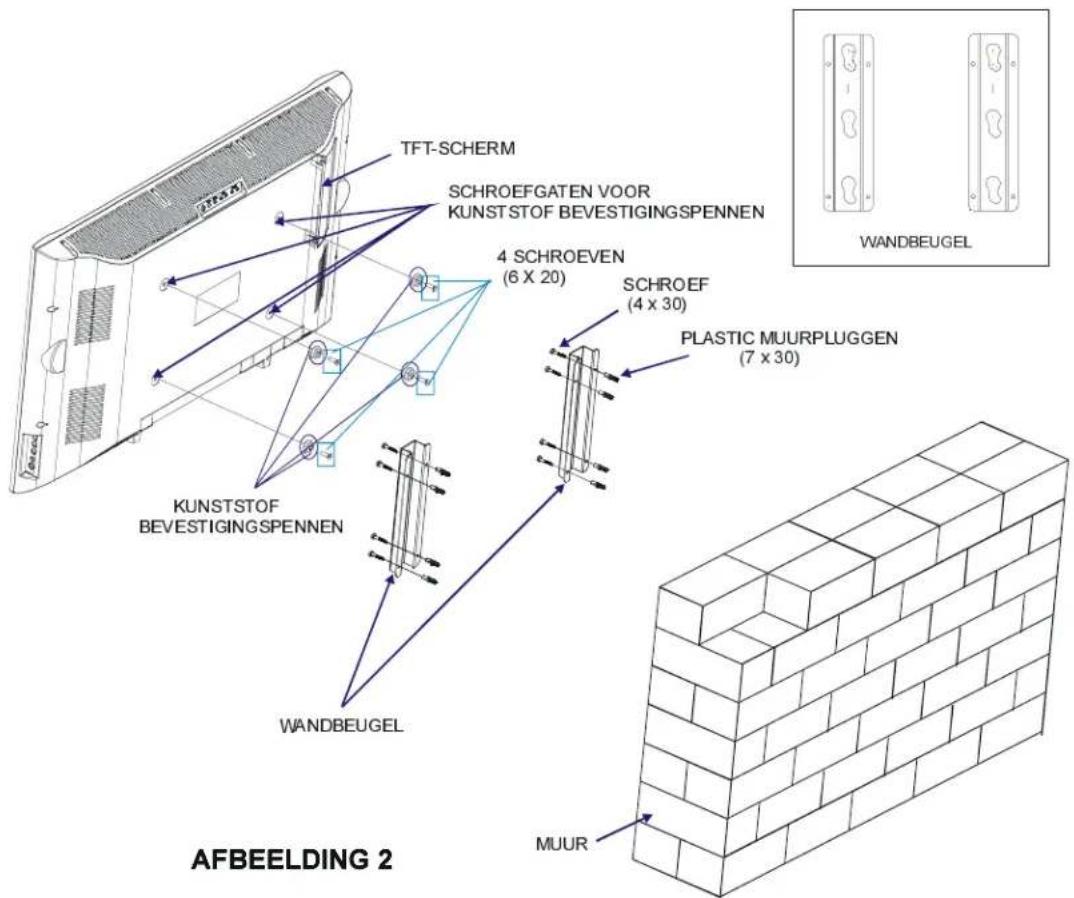 TFT-SCHERM SCHROEFGATEN VOOR KUNSTSTOF BEVESTIGINGSPENnen 4 SCHROEVEN (6 X 20) SCHROEF (4 x 30) PLASTIC MUURPLUGGEN (7 x 30) KUNSTSTOF BEVESTIGINGSPENnen WANDBEUGEL MUUR AFBEELDING 2 WANDBEUGEL