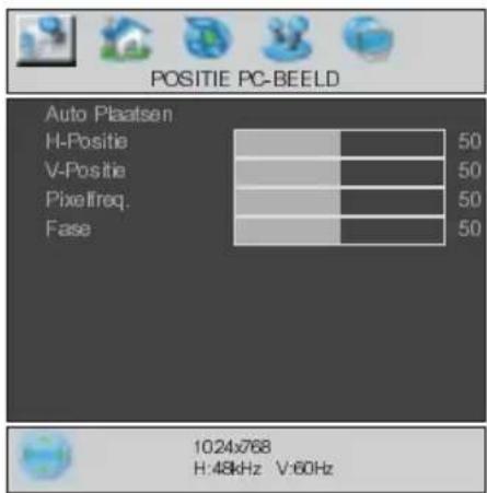 POSITIE PC-BEELD Auto Plaatsen H-Positie V-Positie Pixelfreq. Fase 50 50 50 50 1024x768 H:48kHz V:60Hz