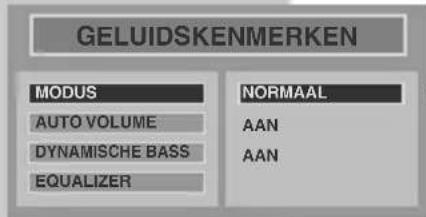 GELUIDSKENMERKEN MODUS AUTO VOLUME DYNAMISCHE BASS EQUALIZER NORMAAL AAN AAN