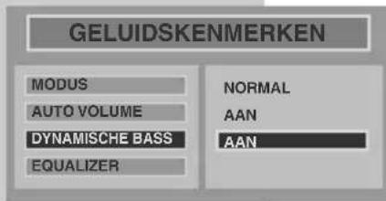 GELUIDSKENMERKEN MODUS AUTO VOLUME DYNAMISCHE BASS EQUALIZER NORMAL AAN AAN