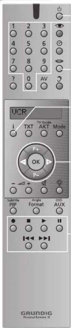 1 2 3 4 5 6 7 8 9 ? 0 AV UCR i TXT TV Guide AKT Mode P+ OK P- Subtitle Angle OSD PIP Format AUX ● ■ ▶ || ○ ○ ○ ○ ◀◀ ▶◀ ○ ○ ○ GRUNDIG Personal Remote: 10