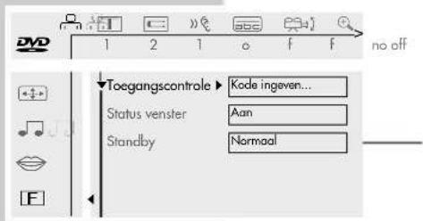 DVD 1 2 1 o f f no off Toegangscontrole Kode ingeven... Status venster Aan Standby Normaal