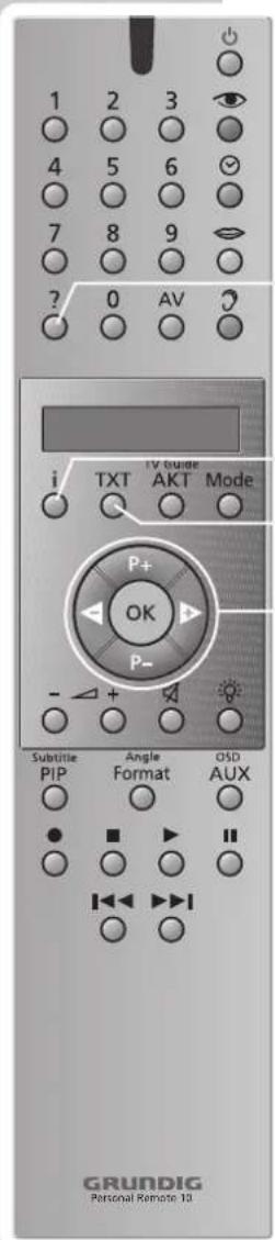 1 2 3 4 5 6 7 8 9 ? 0 AV TV Guide TXT AKT Mode P+ OK P- Subtitle: PIP Angle Format OSD AUX GRUNDIG Personal Remote 10