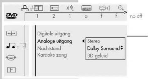 no off Digitale uitgang Analoge uitgang Nachtstand Karaoke zang Stereo Dolby Surround 3D-geluid