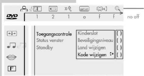 Toegangscontrole Status venster Standby Kinderslot Beveiligingsniveau Land wijzigen Kode wijzigen