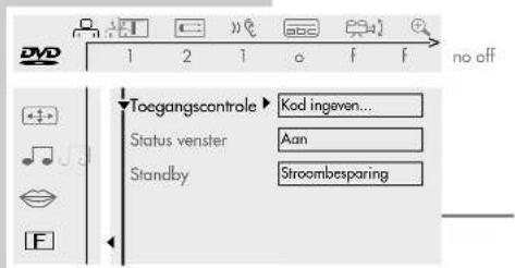 DVD 1 2 1 o f f no off Toegangscontrole Kod ingeven... Status venster Aan Standby Stroombesparing