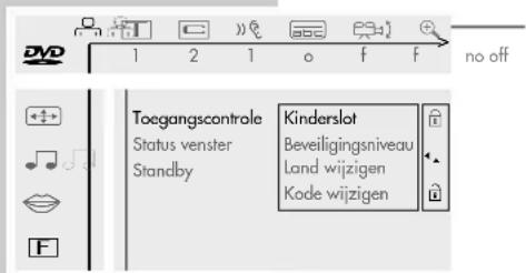 DV 1 2 1 o f f no off Toegangscontrole Kinderslot Status venster Beveiligingsniveau Standby Land wijzigen Kode wijzigen