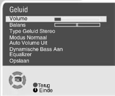Geluid Volume Balans Type Geluid Stereo Modus Normaal Auto Volume Uit Dynamische Bass Aan Equalizer Opslaan OK Terug Einde