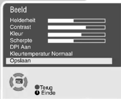 Beeld Helderheit Contrast Kleur Scherpte DPI Aan Kleurtemperatur Normaal Opslaan ● Terug ● Einde