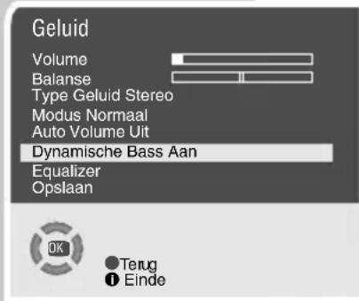 Geluid Volume Balanse Type Geluid Stereo Modus Normaal Auto Volume Uit Dynamische Bass Aan Equalizer Opslaan OK Terug ① Einde