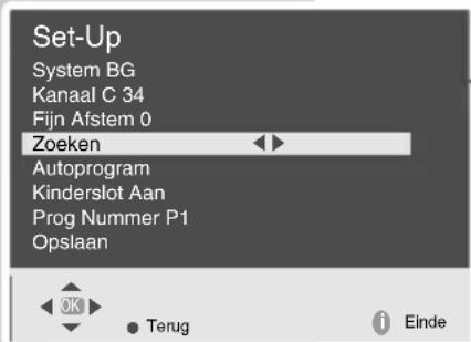 Set-Up System BG Kanaal C 34 Fijn Afstem 0 Zoeken Autoprogram Kinderslot Aan Prog Nummer P1 Opslaan OK Terug Einde