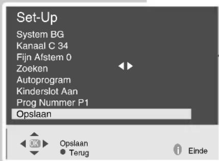 Set-Up System BG Kanaal C 34 Fijn Afstem 0 Zoeken Autoprogram Kinderslot Aan Prog Nummer P1 Opslaan
