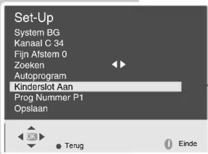 Set-Up System BG Kanaal C 34 Fijn Afstem 0 Zoeken Autoprogram Kinderslot Aan Prog Nummer P1 Opslaan OK Terug Einde