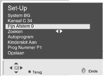 Set-Up System BG Kanaal C 34 Fijn Afstem 0 Zoeken Autoprogram Kinderslot Aan Prog Nummer P1 Opslaan OK Terug Einde