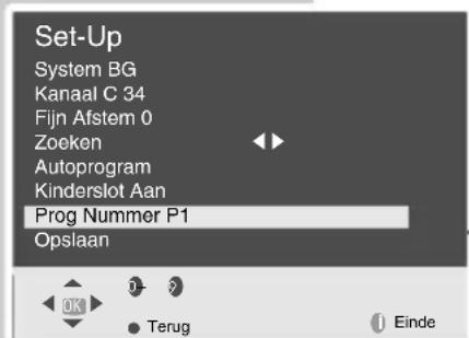 Set-Up System BG Kanaal C 34 Fijn Afstem 0 Zoeken Autoprogram Kinderslot Aan Prog Nummer P1 Opslaan
