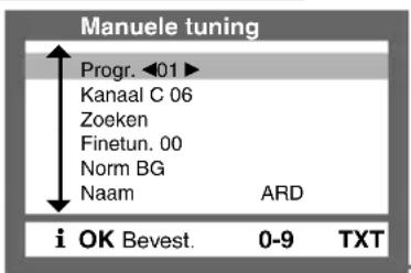 Manuele tuning Progr. ◀01► Kanaal C 06 Zoeken Finetun. 00 Norm BG Naam ARD i OK Bevest. 0-9 TXT