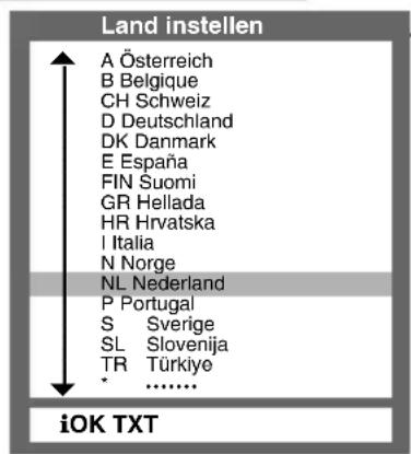 Land instellen A Österreich B Belgique CH Schweiz D Deutschland DK Danmark E España FIN Suomi GR Hellada HR Hrvatska I Italia N Norge NL Nederland P Portugal S Sverige SL Slovenija TR Türkiye * ...... iOK TXT