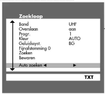 Zoekloop Band UHF Overslaan aan Progr. 1 Kleur AUTO Geluidssyst.BG Fijnafstemming 0 Zoeken Bewaren Auto zoeken TXT