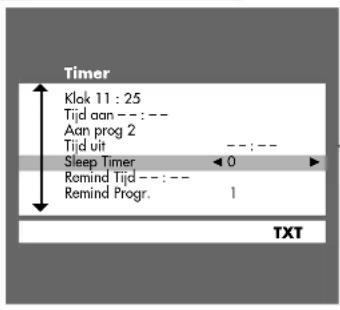 Timer Klok 11 : 25 Tijd aan -- : -- Aan prog 2 Tijd uit -- : -- Sleep Timer ← 0 ► Remind Tijd -- : -- Remind Progr. 1 TXT