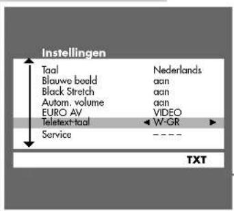 Instellingen Taal Nederlands Blauwe boold aan Black Stretch aan Autom. volume aan EURO AV VIDEO Teletext-taal ← W-GR Service ---- TXT