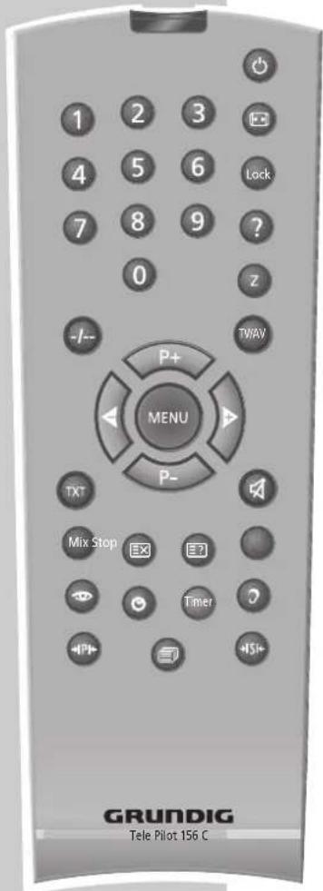 1 2 3 4 5 6 7 8 9 0 -/- P+ MENU P- TXT Mix Stop Timer +P+ +S+ GRUNDIG Tele Pilot 156 C