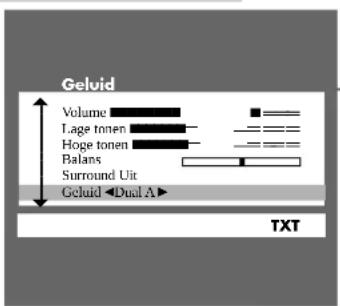 Geluid Volume Lage tonen Hoge tonen Balans Surround Uit Geluid TXT