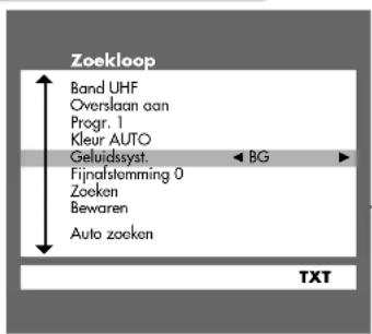 Zoekloop Band UHF Overslaan aan Progr. 1 Kleur AUTO Geluidssyst. Fijnafstemming 0 Zoeken Bewaren Auto zoeken BG TXT