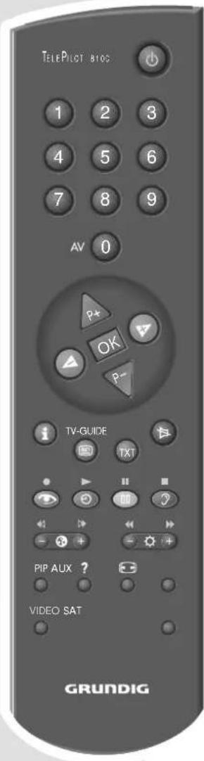 TELEPILOT BIOS 1 2 3 4 5 6 7 8 9 AV 0 P* OK P- TV-GUIDE i TXT PIP AUX ? VIDEO SAT GRUNDIG