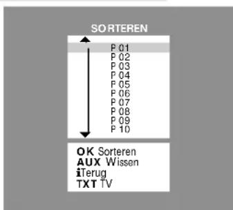 SORTEREN P 01 P 02 P 03 P 04 P 05 P 06 P 07 P 08 P 09 P 10 OK Sorteren AUX Wissen iTérug TXT TV