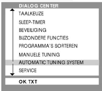 DIALOG CENTER TAALKEUZE SLEEP-TIMER BEVEiliging BIJZONDERE FUNCTIONS PROGRAMMA'S SORTEREN MANUELE TUNING AUTOMATIC TUNING SYSTEM SERVICE OK TXT