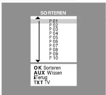 SORTEREN P 01 P 02 P 03 P 04 P 05 P 06 P 07 P 08 P 09 P 10 OK Sorteren AUX Wissen iTerug TXT TV