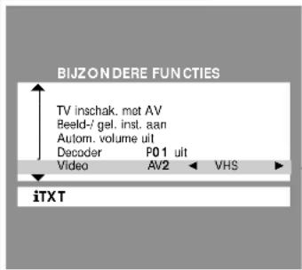 BIJZONDERE FUNCTIONS TV inschak. mot AV Beeld-/ gel. inst. aan Autom. volume uit Decoder P01 uit Video AV2 VHS iTXT