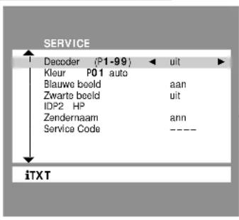 SERVICE Decoder (P1-99) uit Kleur P01 auto Blauwe boeld aan Zwarte beeld uit IDP2 HP Zendernaam ann Service Code ---- iTXT