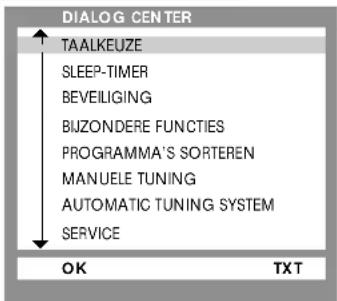 DIALOG CENTER TAALKEUZE SLEEP-TIMER BEVEiliging BUZONDERE FUNCTIONS PROGRAMMA'S SORTEREN MANUELE TUNING AUTOMATIC TUNING SYSTEM SERVICE OK TXT