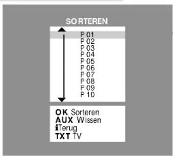 SORTEREN P 01 P 02 P 03 P 04 P 05 P 06 P 07 P 08 P 09 P 10 OK Sorteren AUX Wissen iTerug TXT TV