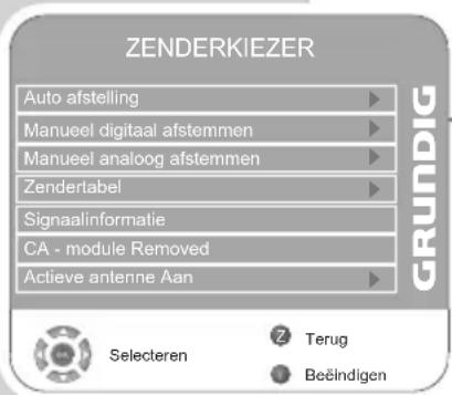 ZENDERKIEZER Auto afstelling Manueel digitaal afstemmen Manueel analoog afstemmen Zendertabel Signaalinformatie CA - module Removed Actieve antenne Aan Selecteren Terug Beëindigen