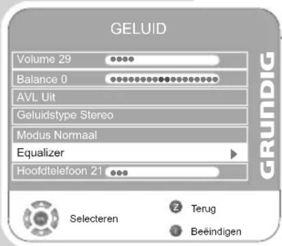 GELUID Volume 29 Balance 0 AVL Uit Geluidstype Stereo Modus Normaal Equalizer Hoofdtelefoon 21 Selecteren Terug Beëindigen GRUNDIG