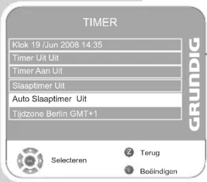 TIMER Klok 19 /Jun 2008 14:35 Timer Uit Uit Timer Aan Uit Slaaptimer Uit Auto Slaaptimer Uit Tijdzone Berlin GMT+1 GRUNDIG Selecteren Terug Beëindigen