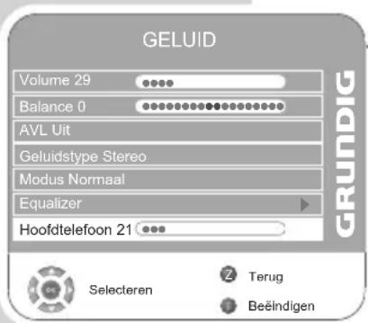 GELUID Volume 29 Balance 0 AVL Uit Geluidstype Stereo Modus Normaal Equalizer Hoofdtelefoon 21 GRUNDIG Selecteren Terug Beëindigen
