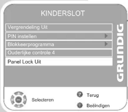 KINDERSLOT Vergrendeling Uit PIN instellen Blokkeerprogramma Ouderlijke controle 4 Panel Lock Uit Selecteren Terug Beëindigen
