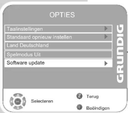 OPTIES Taalinstellingen Standaard opnieuw instellen Land Deutschland Spelmodus Uit Software update GRUNDIG Selecteren Terug Beindigen