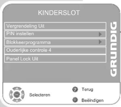 KINDERSLOT Vergrendeling Uit PIN instellen Blokkeerprogramma Ouderlijke controle 4 Panel Lock Uit Selecteren 7 Terug 8 Beëindigen GRUNDIG