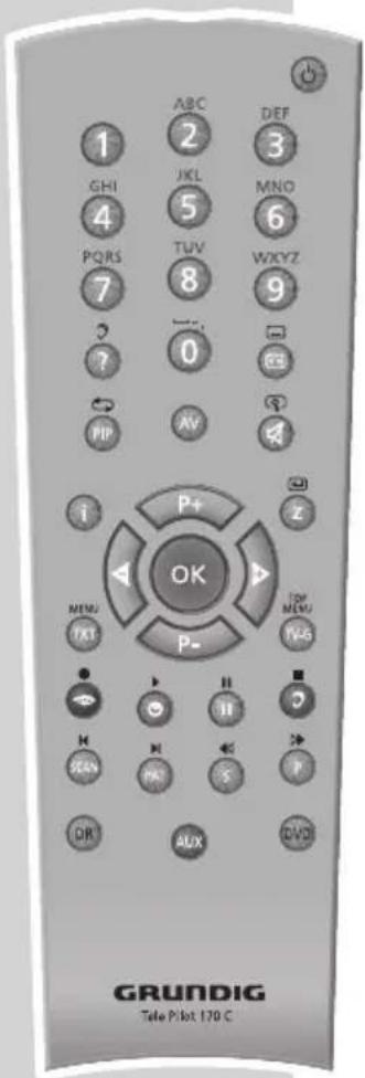 1 GHI 4 PQRS 7 ? PIP ABC 2 JKL 5 TUV 8 0 AV ABC DEF 3 MNO 6 WXYZ 9 ? OK P+ Z MENU PKI P- TOF MENU PKS K K K P P OK AUX DVD GRUNDIG Tele Pilot 170 C