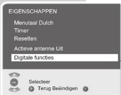 EIGENSCHAPPEN Menutaal Dutch Timer Resetten Actieve antenne Uit Digitale functies Selecteer Terug Beëindigen