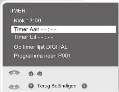 TIMER Klok 13:00 Timer Aan - : - - Timer Uit - : - - Op timer lijst DIGITAL Programma neen P001 ①- ② ③ Terug Beëindigen